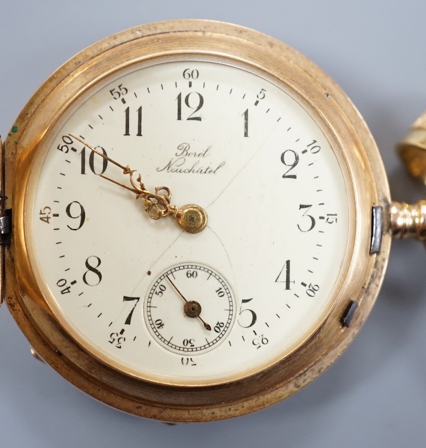 An early 20th century engine turned 14k yellow metal hunter keyless fob watch, with engraved monogram, dial inscribed Borel, Neuchatel, case diameter 36mm, gross weight 34.5 grams.